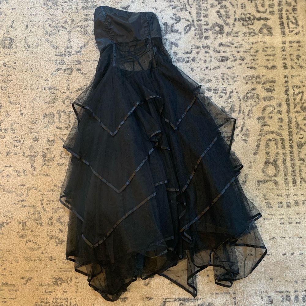 Custom black prom dress with mesh waist cutout and corset back